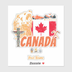 Sticker Drapeau Vintage Du Canada Et Vacances Ours Grizzli