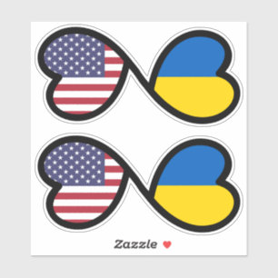 Sticker Drapeaux ukrainiens américains Coeurs enmêlés, Ukr