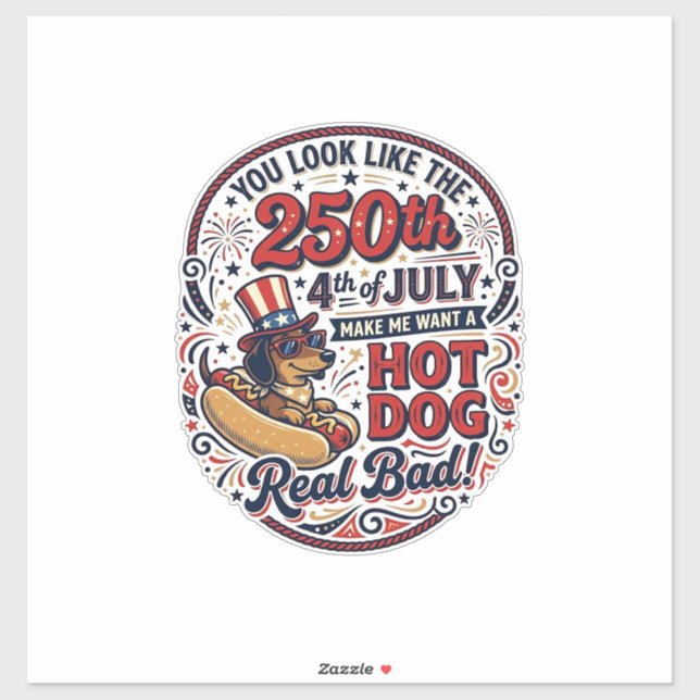 Sticker Drôle 250e 4 juillet Hot Dog Dachshund (Feuille)