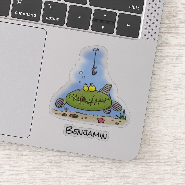 Sticker Drôle gras affamé poisson vert dessin de pêche