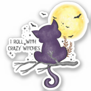 Sticker Drôle Halloween Chat noir et Lune magique