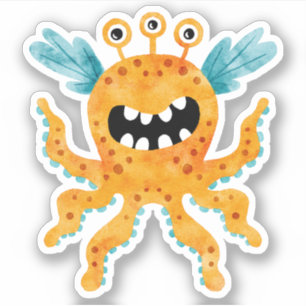 Sticker Drôle Monstre Orange Trois Oeil avec Tentacles