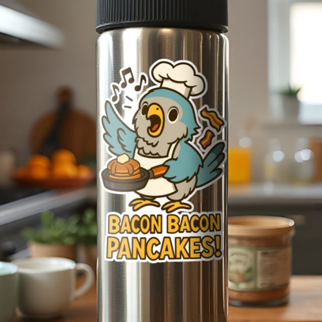 Sticker Drôle Quaker Parrot Chef Chanter Bacon Pancakes (Sassy pancake-flipping parrot sticker; breakfast chaos with a cause! 🥞🦜💚 Singing Bacon Pancakes)