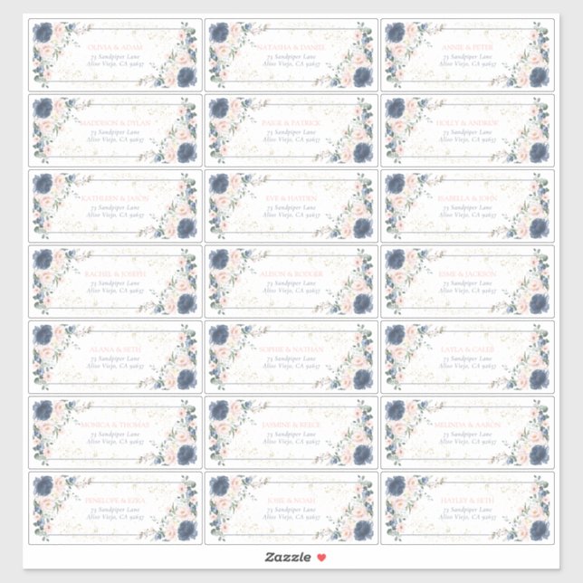 Sticker Dusty Blue Blush Pink Gold Floral Adresse d'invité (Feuille)
