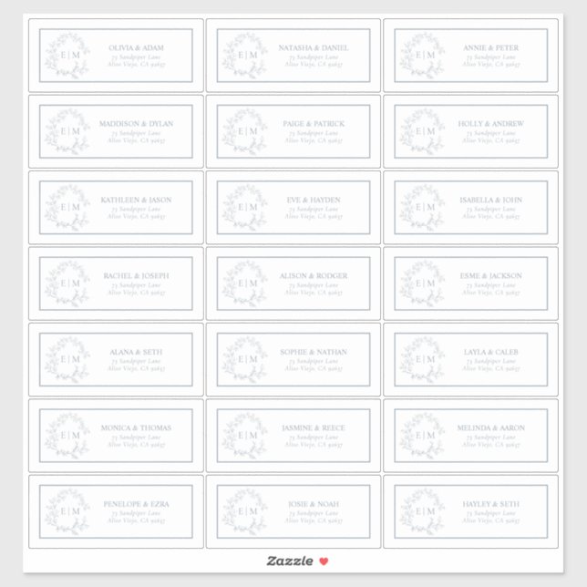 Sticker Dusy Blue Leafy Crest Monogram Adresse d'invité (Feuille)