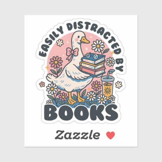 Sticker Easily Distracted by Books Cute Goose Bookworm (Feuille)