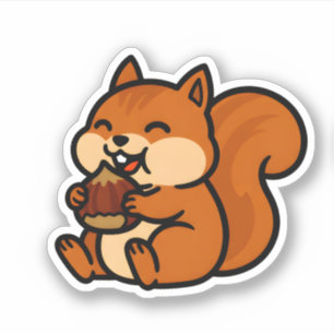 Sticker Écureuil heureux mignon mangeant un gland dessin a