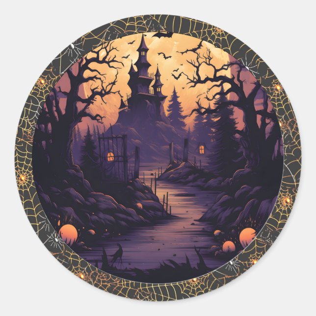 Sticker éffrayant Haunted Castle Halloween Round (Devant)