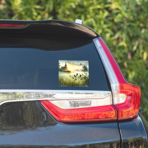 Sticker Église au lever du soleil avec des oiseaux dans un