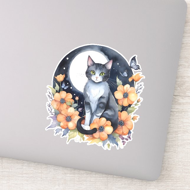 Sticker Élégant Chat noir Floral Moon Art Amoureux des cha (Détail)