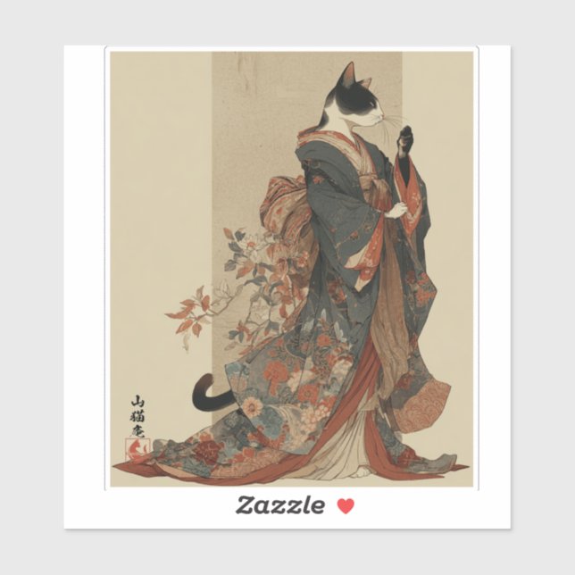Sticker "Elegant Grace" Japanese Cat in Kimono Art (Feuille)