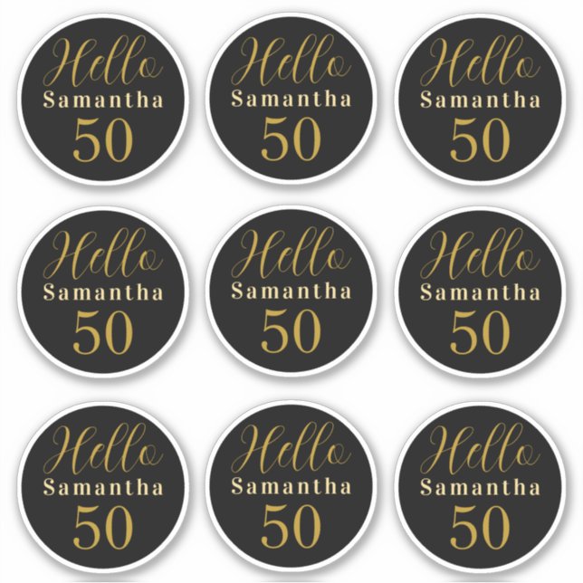 Sticker Elegant Hello 50 Black Gold Personalized Birthday (Devant)