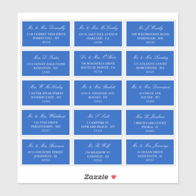 Sticker Élégant Mariage bleu et blanc Adresse individuelle (Feuille)