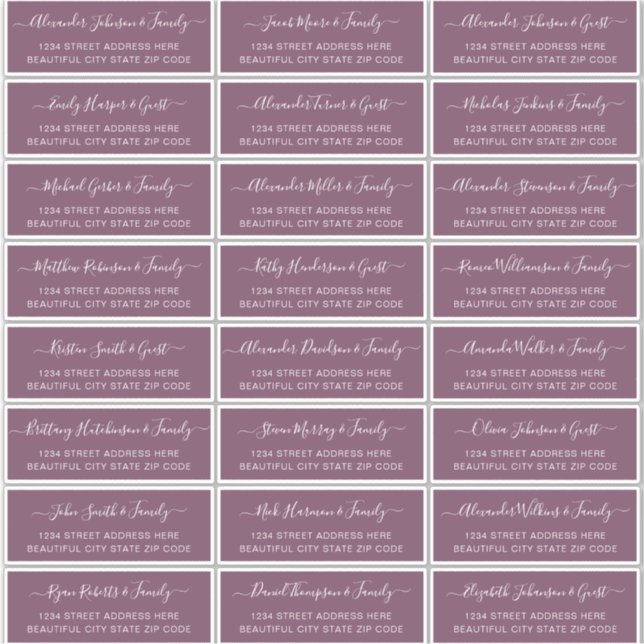 Sticker Élégant Script Dusty Mauve Mariage Adresse d'hôte (Devant)