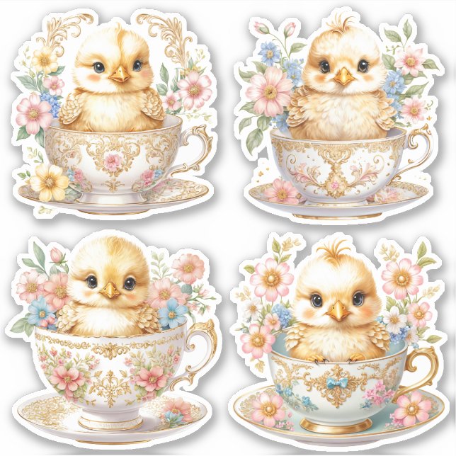 Sticker Élégants poussins en tasse de thé - Conception flo (Devant)