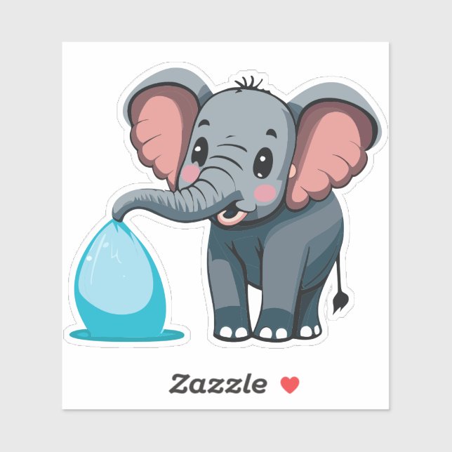 Sticker Éléphant Bébé Mignon Pulvérisant de l'Eau de son T (Feuille)