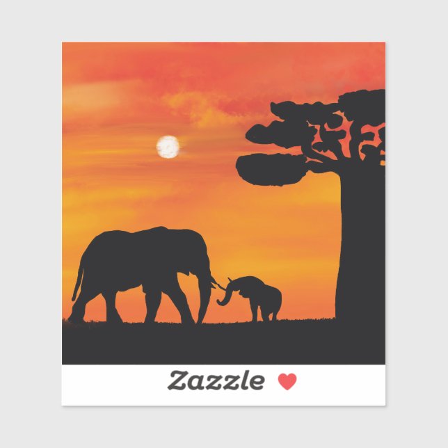 Sticker éléphant, ,ciel ,animaux ,lever de soleil ,nature  (Feuille)