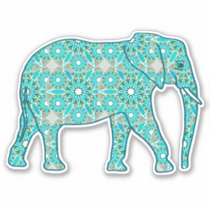 Sticker Eléphant de Fleur Mandala, Turquoise, Gris & Blanc