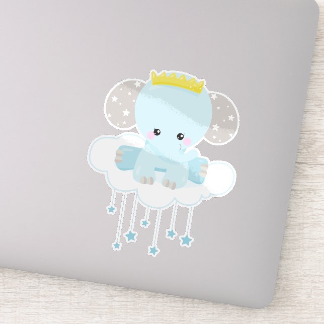 Sticker Eléphant, Eléphant Sur Un Nuage, Couronne, Étoiles (Détail)