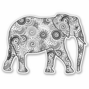 Sticker Eléphant fractal, gris, noir et blanc