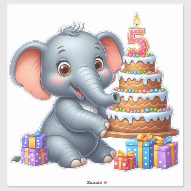 Sticker Éléphant Mignon 5ème Anniversaire (Feuille)