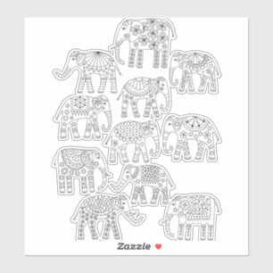 Sticker Eléphants Black and White Line Art