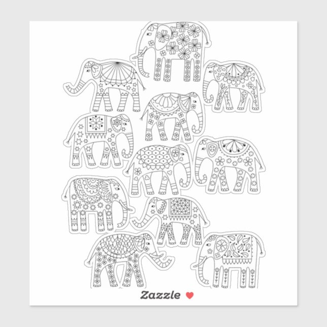 Sticker Eléphants Black and White Line Art (Feuille)