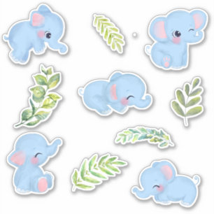 Sticker Eléphants Bleus Cute & Botaniques Vertes Frais