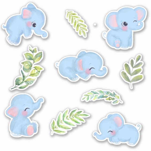 Sticker Eléphants Bleus Cute & Botaniques Vertes Frais (Devant)