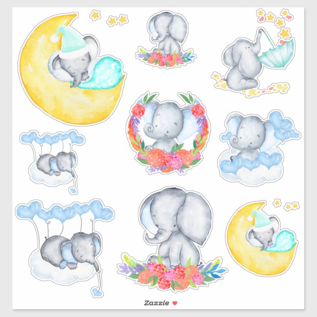 Sticker Eléphants de bébé mignons ensemble 9 Vinyl (Feuille)