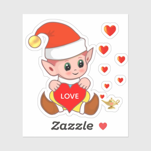 Sticker Elfe mignon avec coeurs d'amour (Feuille)