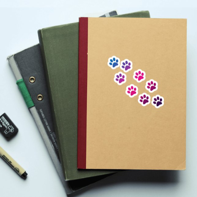 Sticker Empreinte de patte de chat rose bleu violet (A fun die cut sticker of pink, blue and purple cat paw prints)