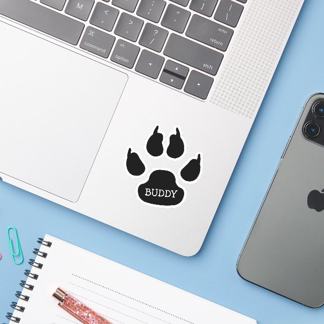 Sticker Empreinte de patte de chien noir avec nom (Ordinateur portable avec iPhone)