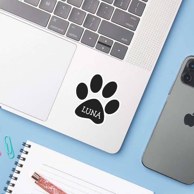 Sticker Empreinte de patte de chien noir avec nom (Ordinateur portable avec iPhone)