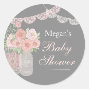 Sticker en Baby shower gris rose doux Mason Jar