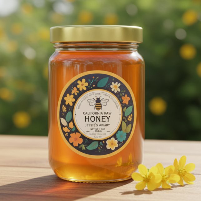 Sticker en bocal à miel Étiquette - Flore moderne  (Personalized Customized Honey Label Homemade Beekeeping Jar Hunny Labels)