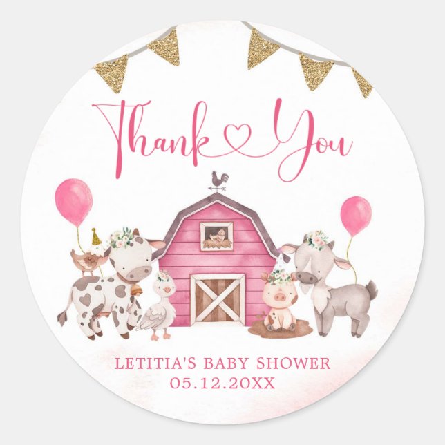 Sticker en Merci de Baby shower de ferme rose fill (Devant)