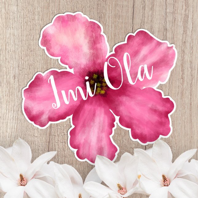 Sticker en vinyle sur mesure pour Hibiscus rose ha (custom, bright pink hibiscus kiss cut sticker, Hawaiian topical flower, Imi Ola script calligraphy)