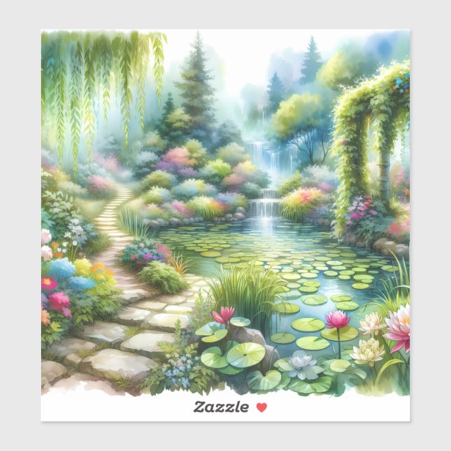Sticker Enchanted Waterfall Garden Lily Pond (Feuille)
