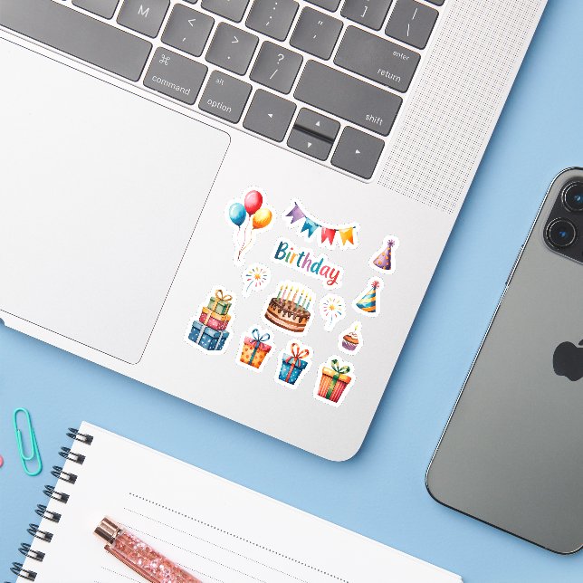 Sticker Ensemble Aquarelle Anniversaire (Ordinateur portable avec iPhone)