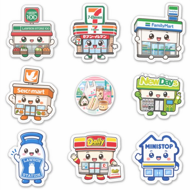 Sticker Ensemble d'autocollants vinyles Chibi Konbini pour (Devant)
