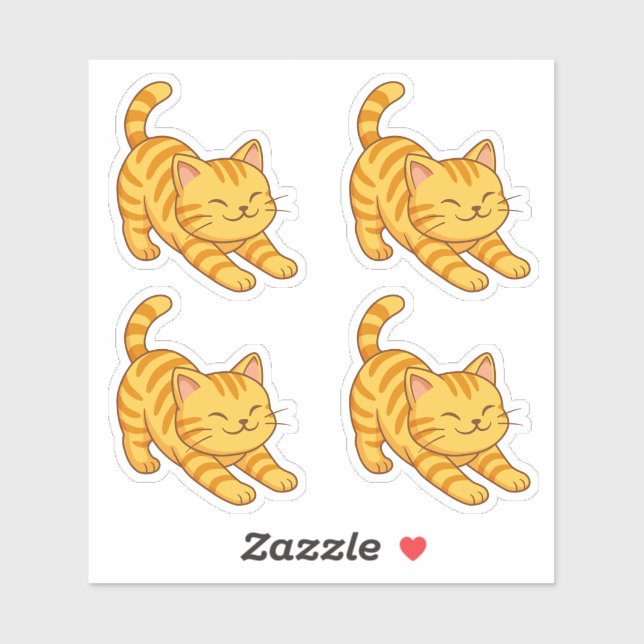 Sticker Ensemble de 4 chats orange tabby qui s'étirent (Feuille)