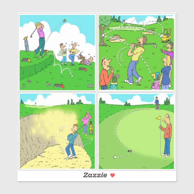 Sticker Ensemble de 4 dessins humoristiques de golf. (Feuille)