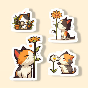 Sticker Ensemble de chats et de fleurs Kawaii Calico