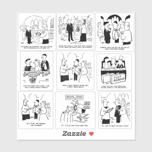 Sticker Ensemble de neuf dessins animés de mariage drôles (Feuille)