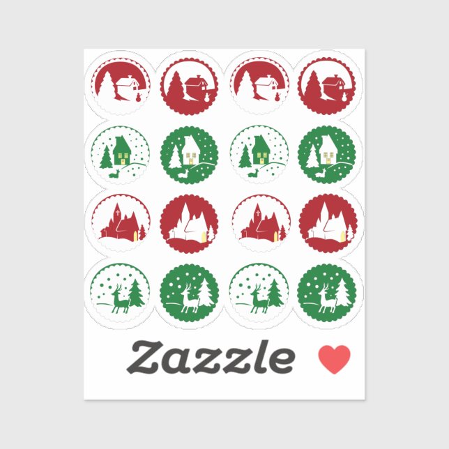 Sticker Ensemble de scène de Noël hivernal Rouge Vert 16 (Feuille)