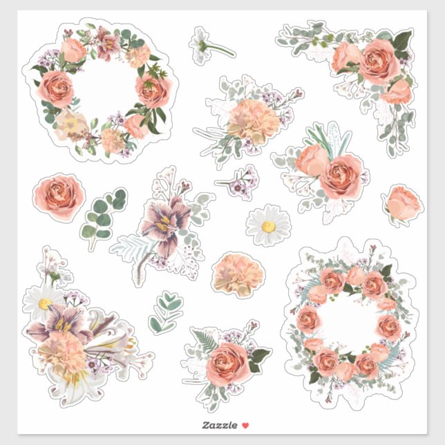 Sticker Ensemble d'éléments rose et de fleurs printanières (Feuille)