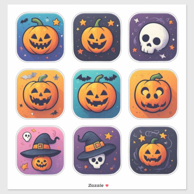 Sticker Ensemble d'icônes de dessin animé Halloween mignon (Feuille)