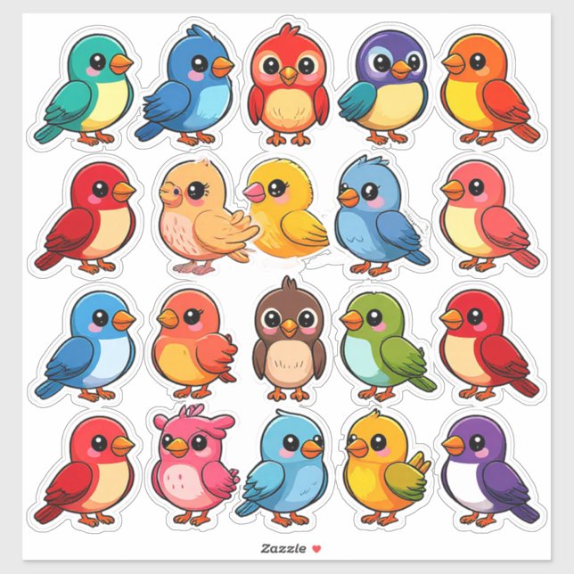Sticker Ensemble d'oiseaux caricaturaux mignons (Feuille)