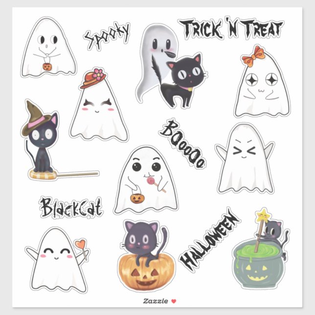 Sticker Ensemble Fantôme Effrayant Chat Noir Halloween (Feuille)